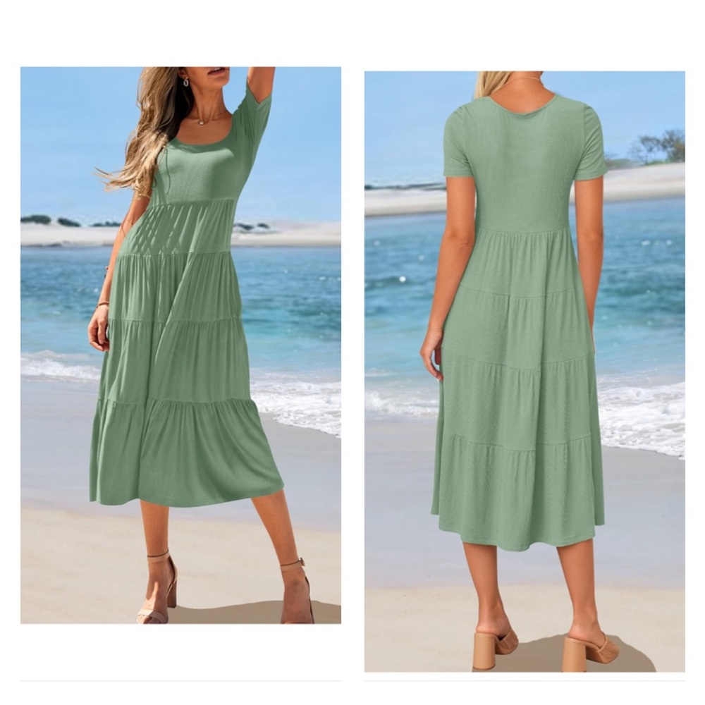Casual T Shirt Dress Short Sleeve Scoop Neck Flowy  Midi Dresses with Pockets